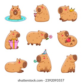 Funny cartoon capybara. Cute amusing characters swimming in water, bathing, walking, relaxing. Adorable nice animal. Hand drawn style. Vector drawing. Collection of design elements.