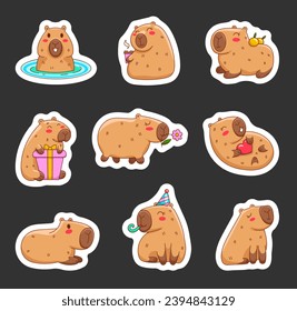 Funny cartoon capybara. Sticker Bookmark. Cute amusing characters swimming in water, bathing, walking, relaxing. Adorable nice animal. Hand drawn style. Vector drawing. Collection of design elements.