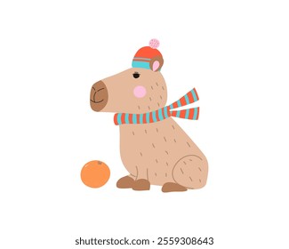 Funny cartoon capybara in warm clothes. Knitted hat and scarf. and orange. Animal, fruit, children's illustration, postcard design in flat style.