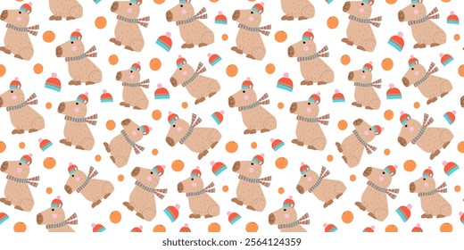 Funny cartoon capybara in warm clothes. Pattern, repeating background. Knitted hat scarf, orange. Animal, fruit, children's design.