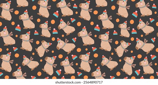 Funny cartoon capybara in warm clothes. Pattern, repeating background. Knitted hat scarf, orange. Animal, fruit, children's design.