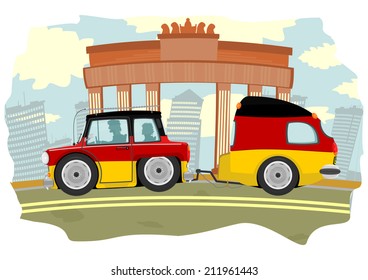 Funny cartoon car with a caravan in the colors of the German flag. Vector 