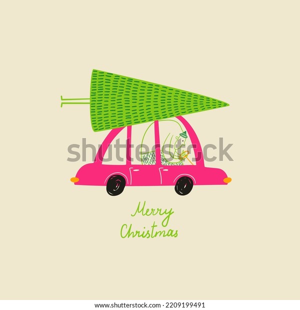 Funny cartoon car\
with a Christmas tree on top. Festive xmas illustration, sticker,\
card or poster.