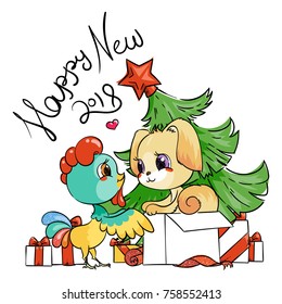 Funny cartoon card with dog and rooster. Symbols of 2017 and 2018. Happy New Year vector illustration with human friends cute animals