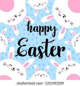 Funny cartoon card with hare. Happy Easter. Template for design, print. Vector background in doodle style. Cute rabbit