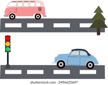 Funny cartoon cars on the road with markings, side view, traffic light and tree, vector collection on white background. Children's seamless patterns with road. For kid's rooms, clothes, poster.