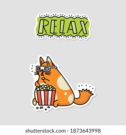 Funny cartoon cat in 3D cinema glasses eating popcorn and Relax sticker isolated on white background. Cute animal watching a movie - flat vector illustration