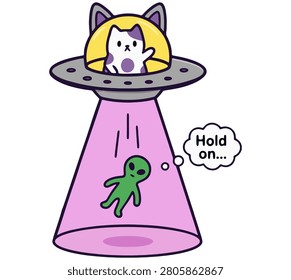 Funny Cartoon Cat Alien UFO Abducting Green Alien with 