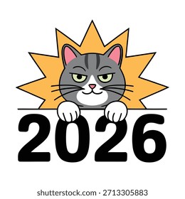 Gato divertido de la historieta con la expresión enojada que asoma sobre el signo 2026 aislado en fondo transparente