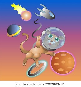 Funny Cartoon Cat Astronaut character Vector Illustration