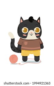 Funny cartoon cat and ball of yarn. Cute little pet. Vector illustration isilated on white background.