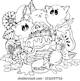 Funny cartoon cat with a balloons, happy party celebration, birthday cake, cute vector doodle stock illustration, black and white print for greeting / invitation card, coloring, book, t-shirt, fabric