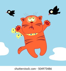 funny cartoon cat with birds vector illustration