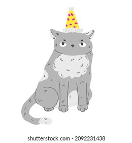 Funny cartoon cat in birthday party hat. Modern style pet vector clip art