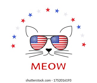 Funny cartoon Cat concept. Pussy and sunglasses with american flag and stars on white. Cute american holiday kitten isolated. Vector illustration.