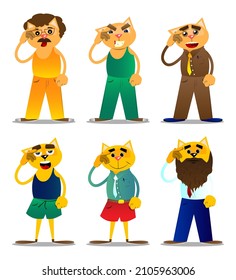 Funny cartoon cat confused, scratching his head. Vector illustration. Cute orange, yellow haired young kitten.