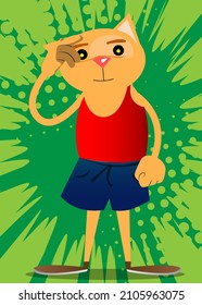 Funny cartoon cat confused, scratching his head. Vector illustration. Cute orange, yellow haired young kitten.