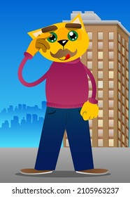 Funny cartoon cat confused, scratching his head. Vector illustration. Cute orange, yellow haired young kitten.