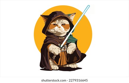 funny cartoon cat in the costume of the hero of the a fantastic film with sword vector illustration 