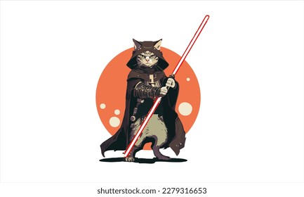 funny cartoon cat in the costume of the hero of the a fantastic film with sword vector illustration 