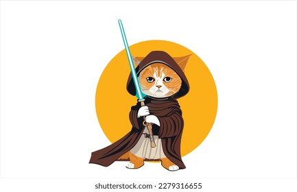 funny cartoon cat in the costume of the hero of the a fantastic film with sword vector illustration 