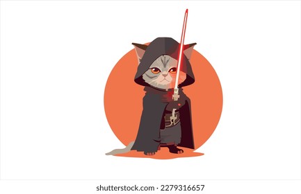 gato gracioso de dibujos animados con el disfraz del héroe de una fantástica película con ilustración del vector de espada 