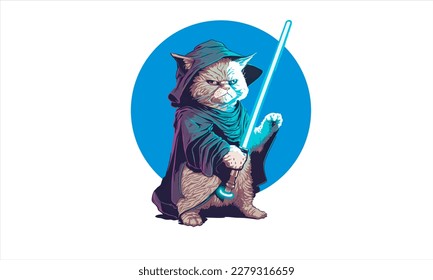 funny cartoon cat in the costume of the hero of the a fantastic film with sword vector illustration 