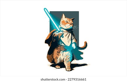 funny cartoon cat in the costume of the hero of the a fantastic film with sword vector illustration 