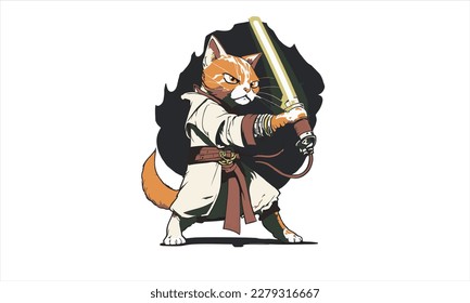 funny cartoon cat in the costume of the hero of the a fantastic film with sword vector illustration 