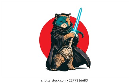 funny cartoon cat in the costume of the hero of the a fantastic film with sword vector illustration 