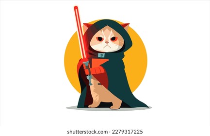 funny cartoon cat in the costume of the hero of the a fantastic film with sword vector illustration 