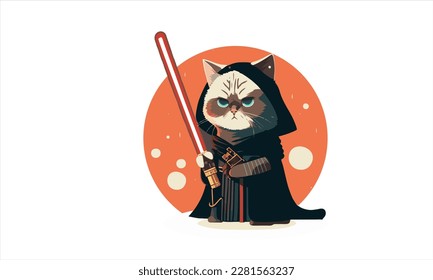 funny cartoon cat in the costume of the hero of the a fantastic film with sword vector illustration 