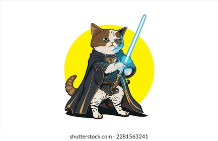 gato gracioso de dibujos animados con el disfraz del héroe de una fantástica película con ilustración del vector de espada 