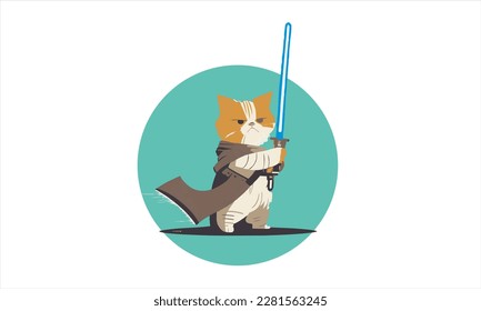 funny cartoon cat in the costume of the hero of the a fantastic film with sword vector illustration 