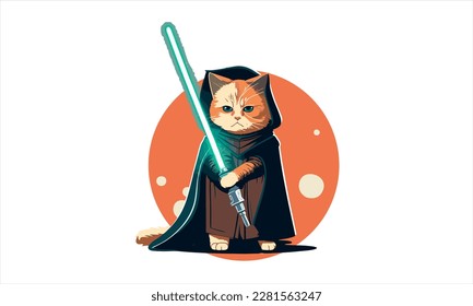 funny cartoon cat in the costume of the hero of the a fantastic film with sword vector illustration 