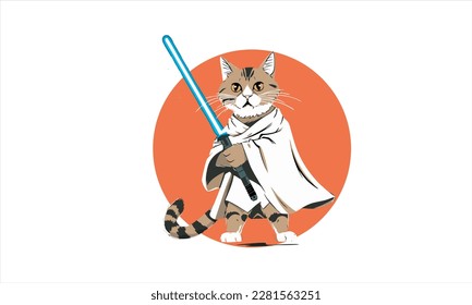 funny cartoon cat in the costume of the hero of the a fantastic film with sword vector illustration 