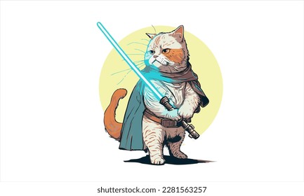 funny cartoon cat in the costume of the hero of the a fantastic film with sword vector illustration 