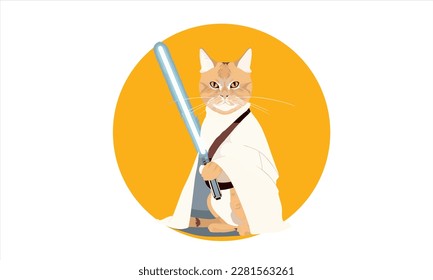 funny cartoon cat in the costume of the hero of the a fantastic film with sword vector illustration 