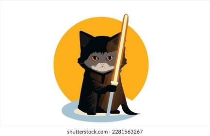 funny cartoon cat in the costume of the hero of the a fantastic film with sword vector illustration 