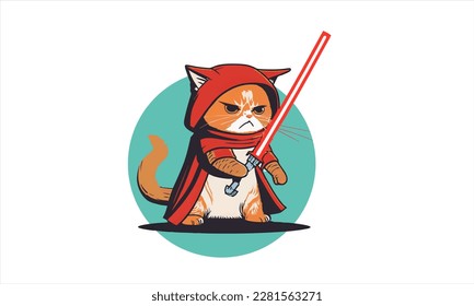 funny cartoon cat in the costume of the hero of the a fantastic film with sword vector illustration 