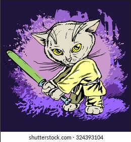 funny cartoon cat in the costume of the hero of the a fantastic film  with a light sword 