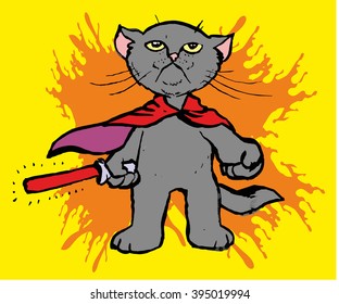 funny cartoon cat in the costume of the hero of the a fantastic film