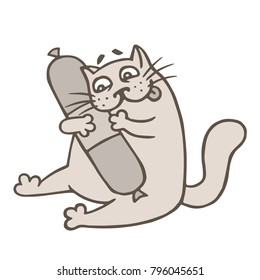 Funny cartoon cat craves sausages salami. Vector illustration. Cheerful animal pet hold food.