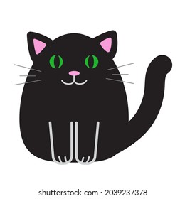 Funny cartoon cat, cute vector illustration in flat style. Black cat with big green eyes. Smiling fat kitten. Positive print for sticker, cards, clothes, textile, design and decor