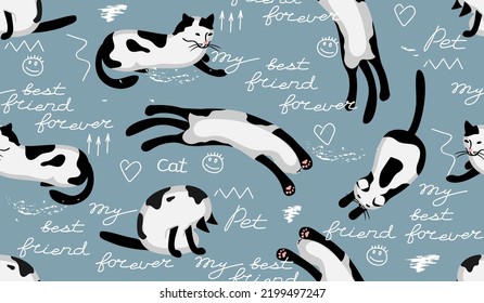 Funny cartoon cat in different poses and lettering seamless pattern in blue,white and black colors.Typographic style  background  for printing on fabric and paper.Vector hand drawn illustration.