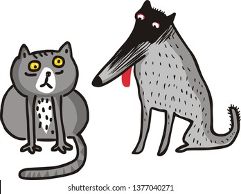 Funny cartoon cat and dog vector illustration