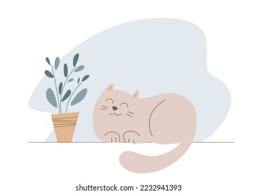 Funny cartoon cat dreaming near a home plant. Vector animal illustration.