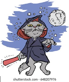 funny cartoon cat dressed in a Halloween costume of the hero of a fantastic film