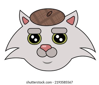 Funny cartoon cat face with brown beret. Funny cartoon cat vector element. Serious cat with big eyebrows isolated on white background. Funny grumpy cat sticker or print. Print for t-shirt. 