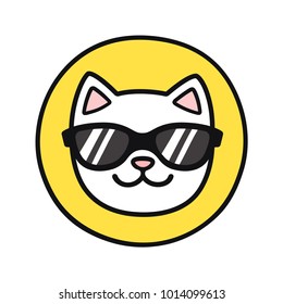 Funny Cartoon Cat Face In Cool Sunglasses. Simple And Cute Icon Drawing.